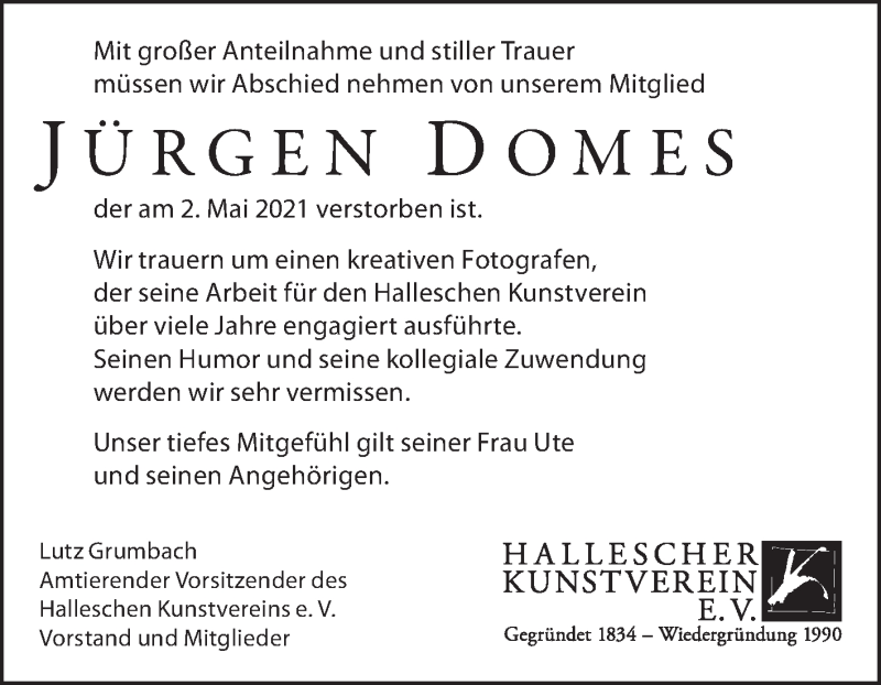  Traueranzeige für Jürgen Domes vom 08.05.2021 aus Mitteldeutsche Zeitung Halle/Saalkreis