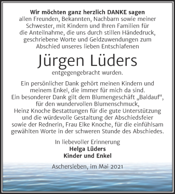 Traueranzeige von Jürgen Lüders von Trauerkombi Aschersleben