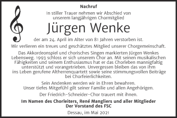 Traueranzeige von Jürgen Wenke von Trauerkombi Dessau