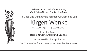 Traueranzeige von Jürgen Wenke von Trauerkombi Dessau
