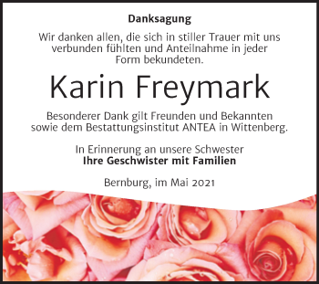 Traueranzeige von Karin Freymark von Trauerkombi Bernburg