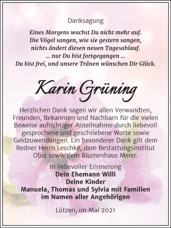 Traueranzeige von Karin Grüning von Trauerkombi Weißenfels