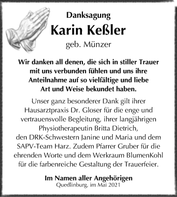 Traueranzeige von Karin Keßler von Trauerkombi Quedlinburg