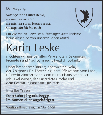 Traueranzeige von Karin Leske von Trauerkombi Köthen