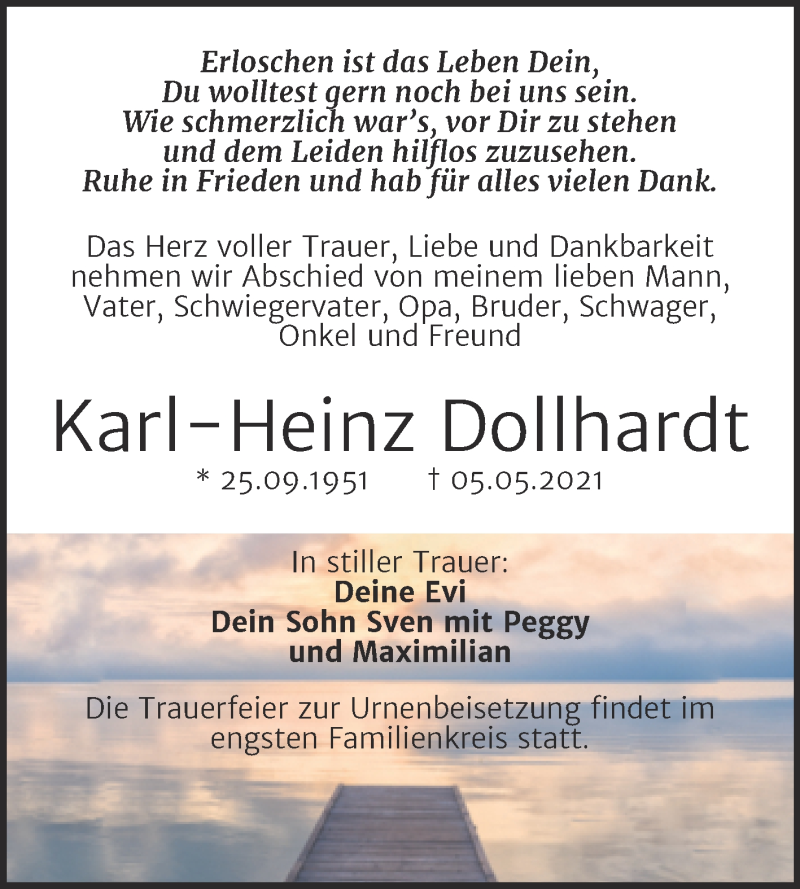  Traueranzeige für Karl-Heinz Dollhardt vom 08.05.2021 aus Trauerkombi Merseburg