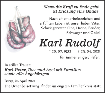 Traueranzeige von Karl Rudolf von Trauerkombi Sangerhausen
