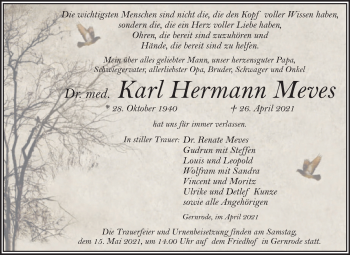 Traueranzeige von Karl Hermann Meves von Trauerkombi Quedlinburg