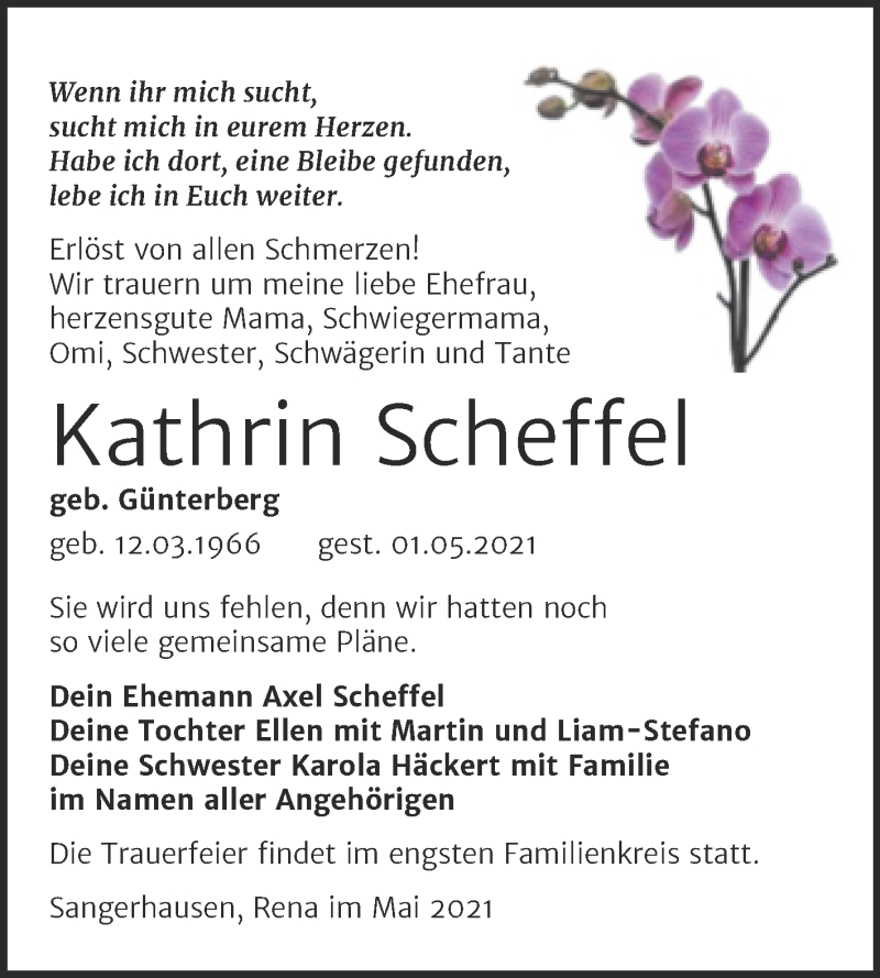  Traueranzeige für Kathrin Scheffel vom 08.05.2021 aus Trauerkombi Sangerhausen