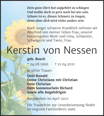 Traueranzeige von Kerstin von Nessen von Trauerkombi Weißenfels