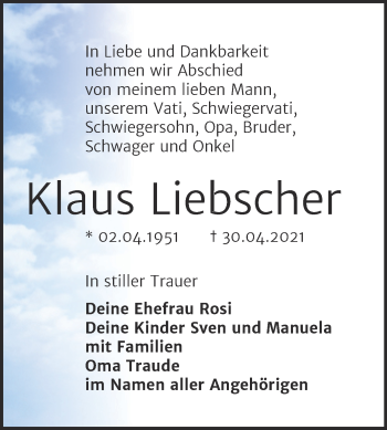 Traueranzeige von Klaus Liebscher von Trauerkombi Bitterfeld