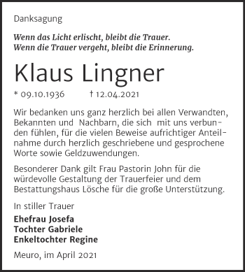 Traueranzeige von Klaus Lingner von Trauerkombi Wittenberg