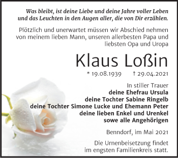 Traueranzeige von Klaus Loßin von Trauerkombi Mansfelder Land
