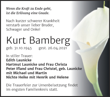 Traueranzeige von Kurt Bamberg von Trauerkombi Merseburg