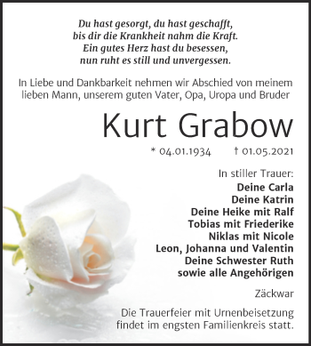 Traueranzeige von Kurt Grabow von Naumburger Tageblatt