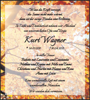 Traueranzeige von Kurt Wagner von Trauerkombi Sangerhausen