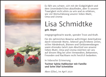 Traueranzeige von Lisa Schmidtke von Trauerkombi Köthen