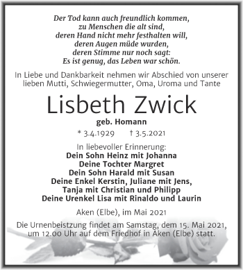 Traueranzeige von Lisbeth Zwick von Trauerkombi Köthen