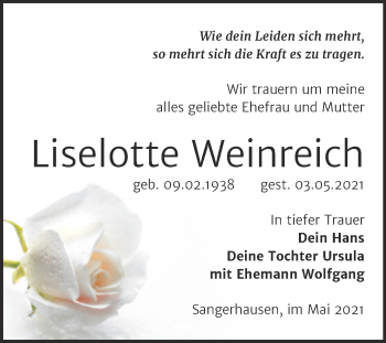 Traueranzeige von Liselotte Weinreich von Trauerkombi Sangerhausen