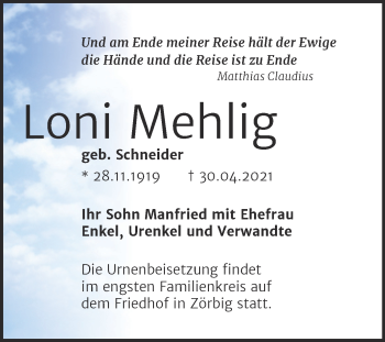 Traueranzeige von Loni Mehlig von Trauerkombi Bitterfeld