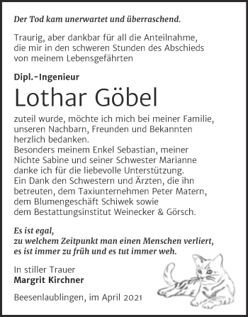 Traueranzeige von Lothar Göbel von Trauerkombi Bernburg