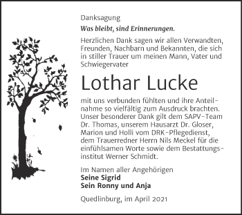 Traueranzeige von Lothar Lucke von Trauerkombi Quedlinburg