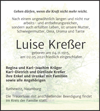 Traueranzeige von Luise Kreßer von Naumburger Tageblatt