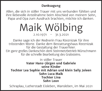 Traueranzeige von Maik Wölbing von Super Sonntag Mansfelder Land