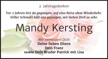 Traueranzeige von Mandy Kersting von Trauerkombi Mansfelder Land