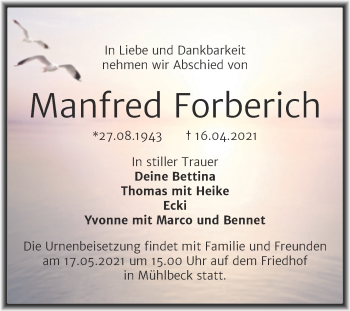 Traueranzeige von Manfred Forberich von Trauerkombi Bitterfeld