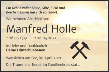 Traueranzeige von Manfred Holle von Trauerkombi Mansfelder Land