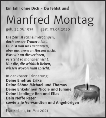 Traueranzeige von Manfred Montag von Trauerkombi Merseburg