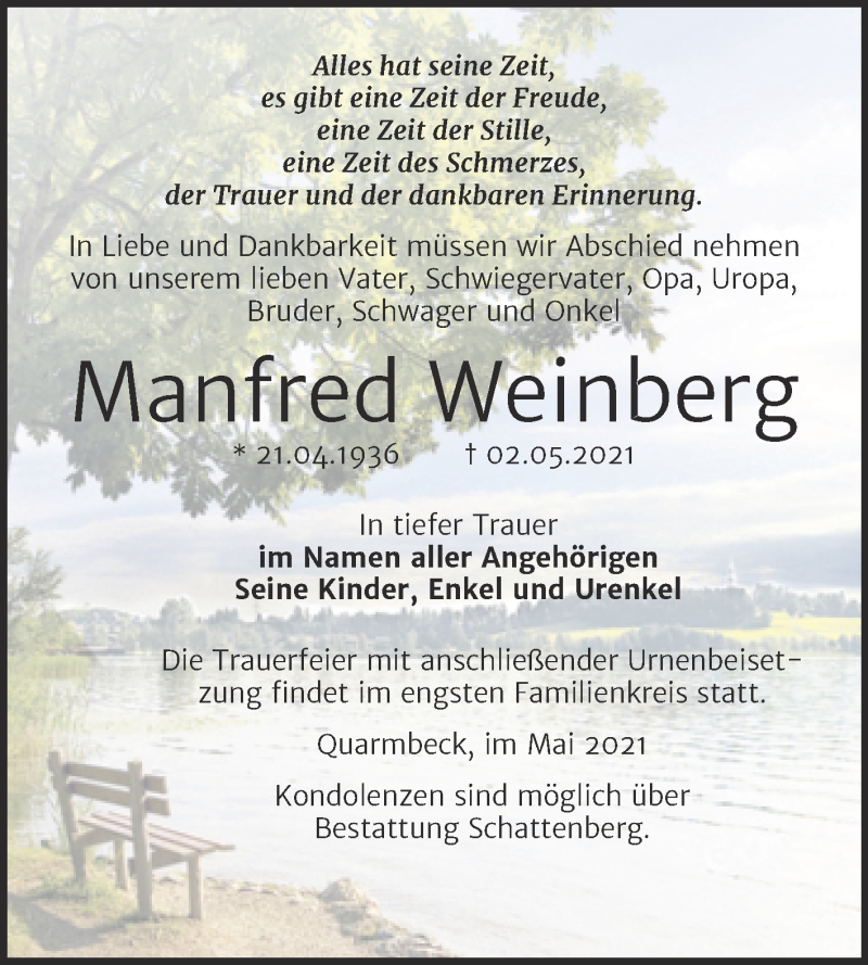  Traueranzeige für Manfred Weinberg vom 08.05.2021 aus Trauerkombi Quedlinburg
