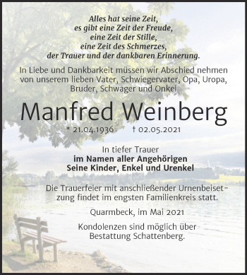 Traueranzeige von Manfred Weinberg von Trauerkombi Quedlinburg