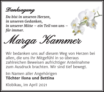 Traueranzeige von Marga Kammer von Trauerkombi Merseburg