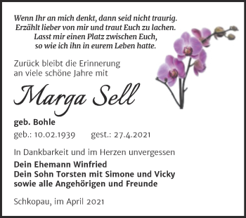 Traueranzeige von Marga Sell von Trauerkombi Merseburg