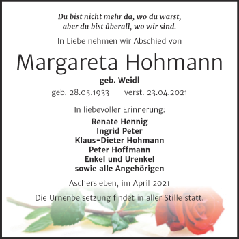 Traueranzeige von Margareta Hohmann von Trauerkombi Aschersleben
