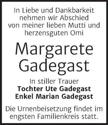 Traueranzeige von Margarete Gadegast von Trauerkombi Wittenberg