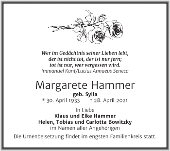 Traueranzeige von Margarete Hammer von Mitteldeutsche Zeitung Halle/Saalkreis