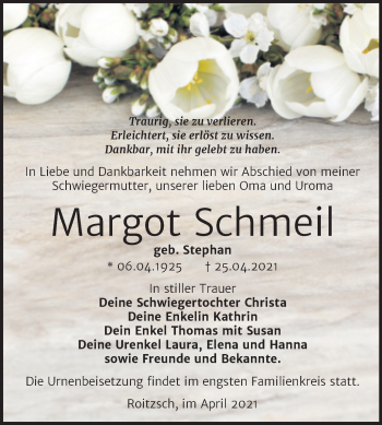 Traueranzeige von Margot Schmeil von Trauerkombi Bitterfeld