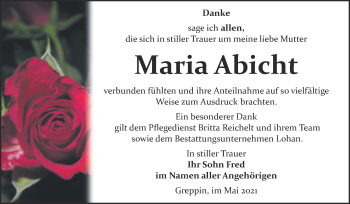 Traueranzeige von Maria Abicht von Trauerkombi Bitterfeld