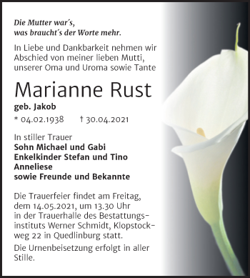 Traueranzeige von Marianne Rust von Trauerkombi Quedlinburg