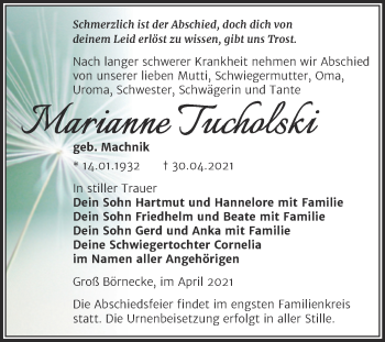 Traueranzeige von Marianne Tucholski von Trauerkombi Aschersleben