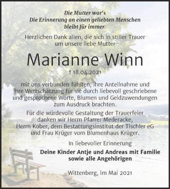 Traueranzeige von Marianne Winn von Trauerkombi Wittenberg