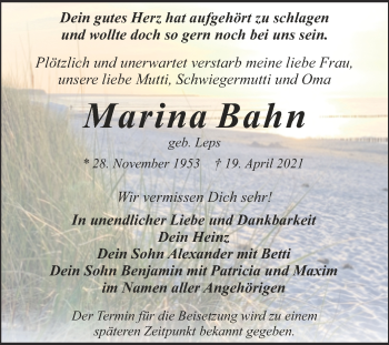 Traueranzeige von Marina Bahn von Trauerkombi Dessau