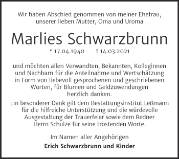 Traueranzeige von Marlies Schwarzbrunn von Trauerkombi Wittenberg