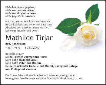 Traueranzeige von Mathilde Tirjan von Trauerkombi Bitterfeld