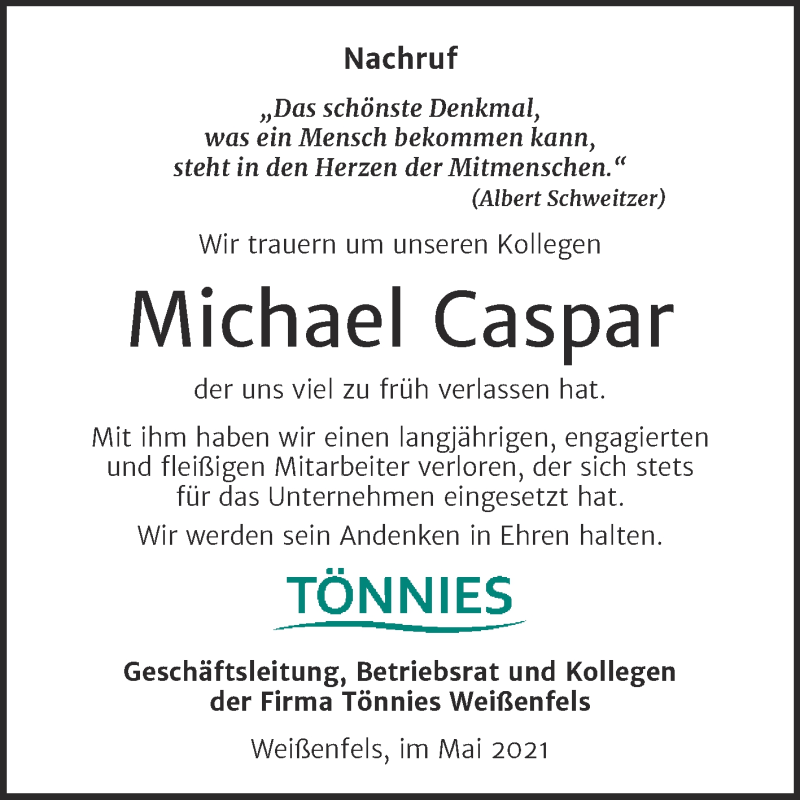  Traueranzeige für Michael Caspar vom 08.05.2021 aus Mitteldeutsche Zeitung Weißenfels