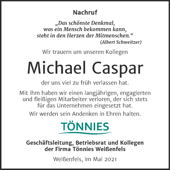 Traueranzeige von Michael Caspar von Mitteldeutsche Zeitung Weißenfels