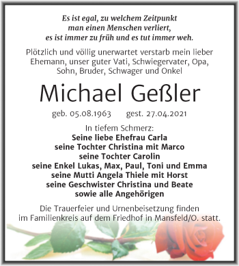 Traueranzeige von Michael Geßler von Trauerkombi Mansfelder Land