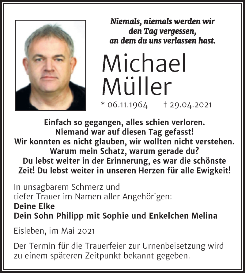  Traueranzeige für Michael Müller vom 08.05.2021 aus Trauerkombi Mansfelder Land